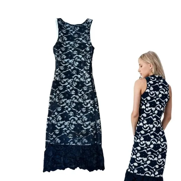 Y2K VINTAGE RUBY BLACK LACE OVERLAY FITTED MIDI DRESS XS/S