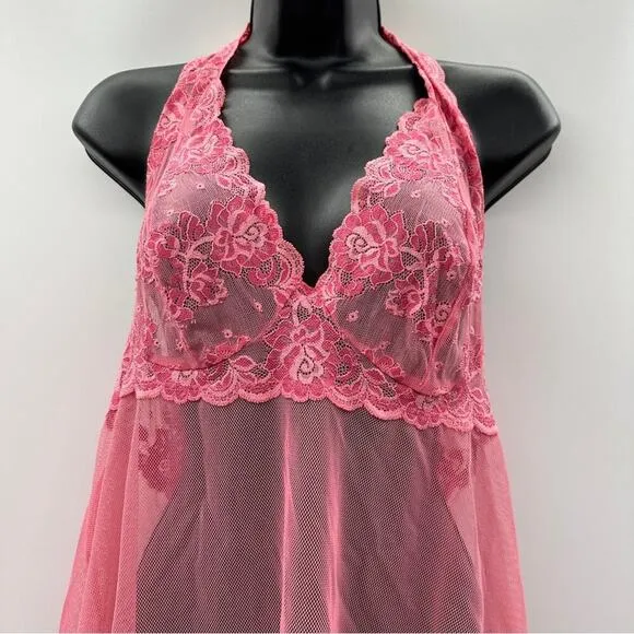 Y2K Vintage Victoria's Secret Pink Floral Embroidery Lingerie Slip‎ Dress Sz L