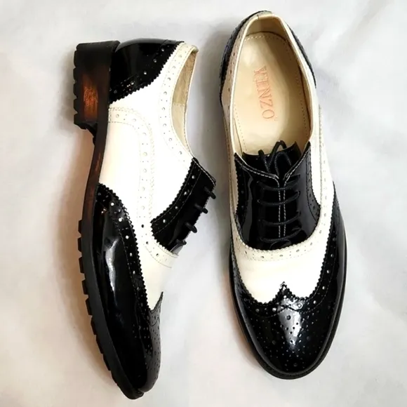 Yinzo Patent Leather Black and White Wingtip Oxfords (w size 41)