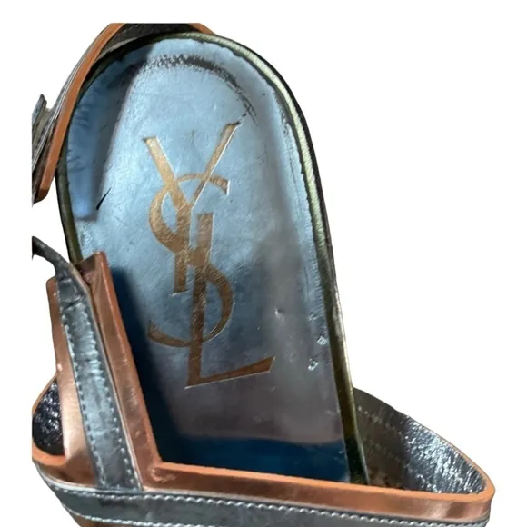 𝅺YSL Blue Gold Metallic Y2K Strappy Peep Toe Mcbling Luxury Boujee Kitten Heels