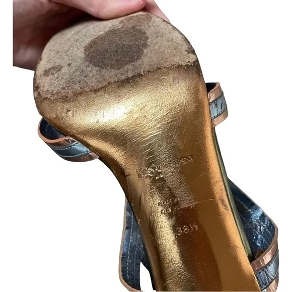𝅺YSL Blue Gold Metallic Y2K Strappy Peep Toe Mcbling Luxury Boujee Kitten Heels