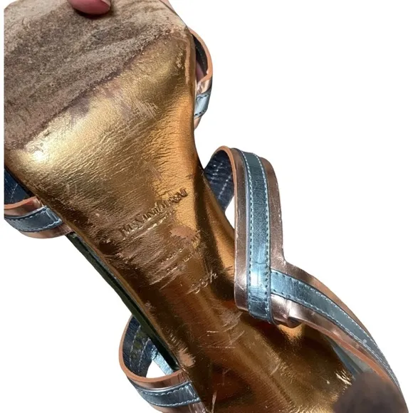 𝅺YSL Blue Gold Metallic Y2K Strappy Peep Toe Mcbling Luxury Boujee Kitten Heels