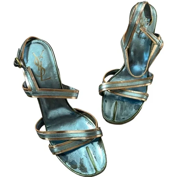 𝅺YSL Blue Gold Metallic Y2K Strappy Peep Toe Mcbling Luxury Boujee Kitten Heels