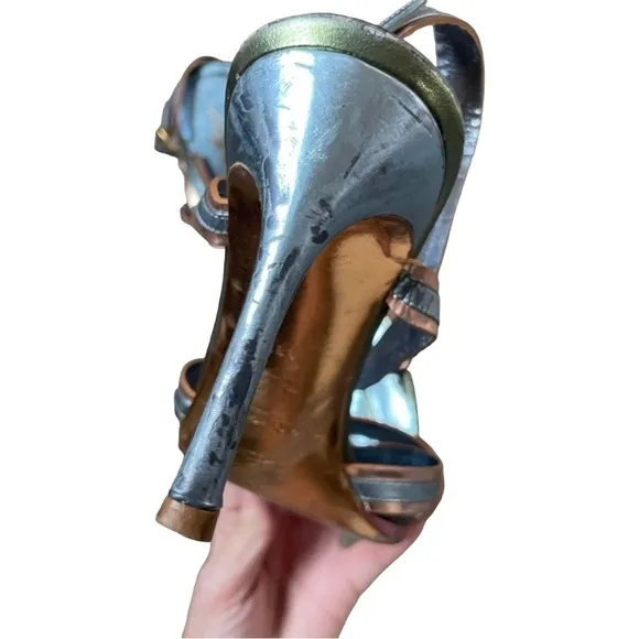 𝅺YSL Blue Gold Metallic Y2K Strappy Peep Toe Mcbling Luxury Boujee Kitten Heels