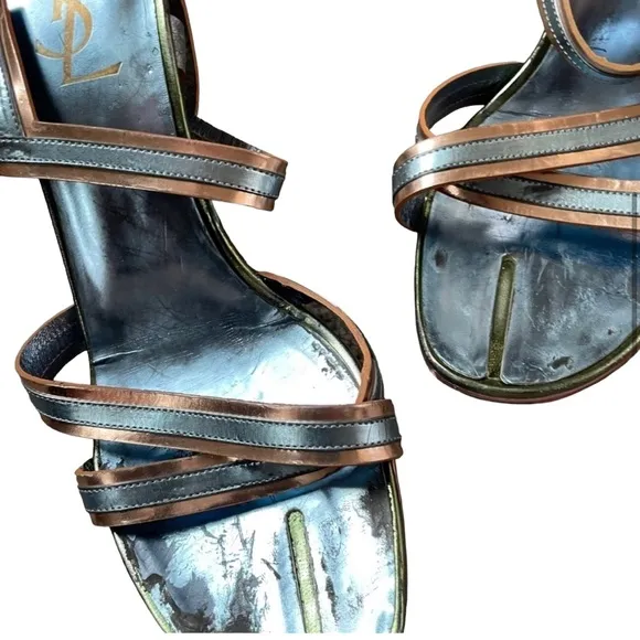 𝅺YSL Blue Gold Metallic Y2K Strappy Peep Toe Mcbling Luxury Boujee Kitten Heels