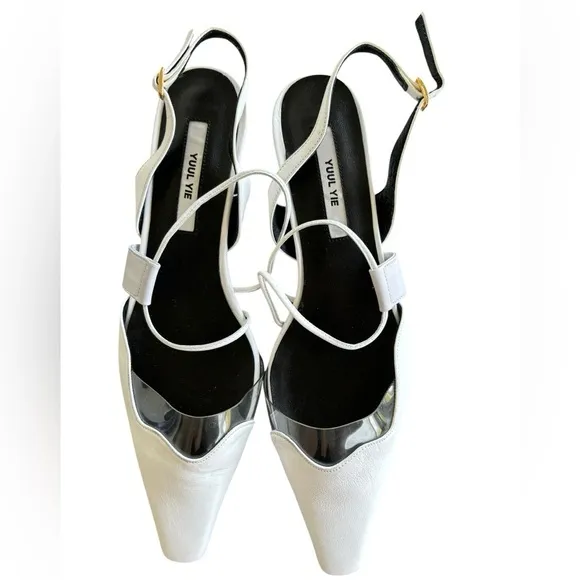 Yuul Yie Leather Printed Slingback White Heels Women's Size: 8 | IT 38‎