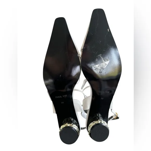 Yuul Yie Leather Printed Slingback White Heels Women's Size: 8 | IT 38‎