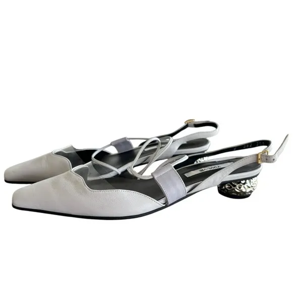 Yuul Yie Leather Printed Slingback White Heels Women's Size: 8 | IT 38‎