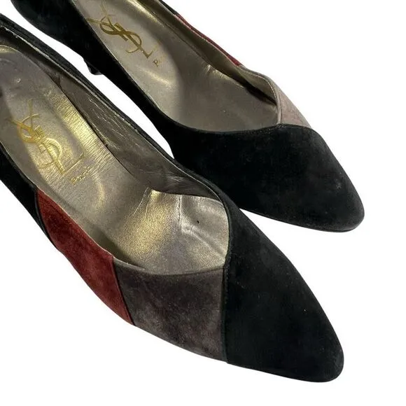 Yves Saint Laurent Women's Black Gray &amp; Red Vintage Suede Pumps Size 6