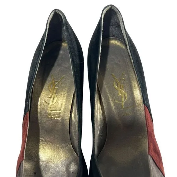 Yves Saint Laurent Suede Pumps Heels Sz 6 Black Gray &amp; Red