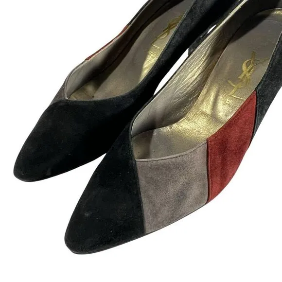 Yves Saint Laurent Suede Pumps Heels Sz 6 Black Gray &amp; Red