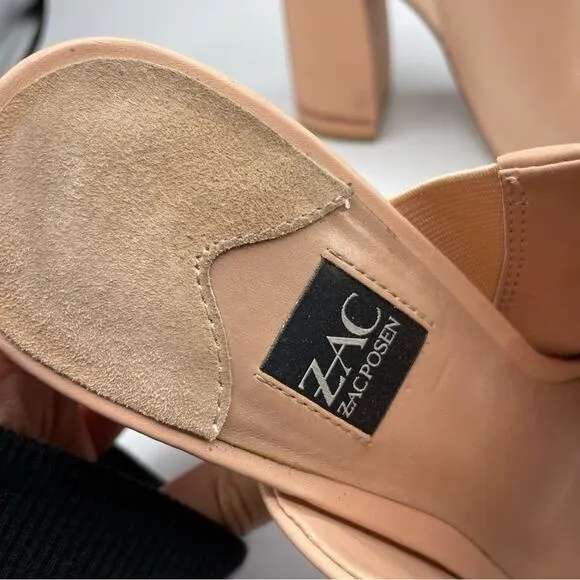 Zac Posen Nude Leather Slip One Mules Chunky Heel Women’s Shoes 9 Peep Toe Y2K