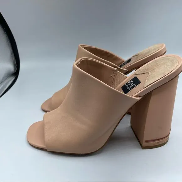 Zac Posen Nude Leather Slip One Mules Chunky Heel Women’s Shoes 9 Peep Toe Y2K