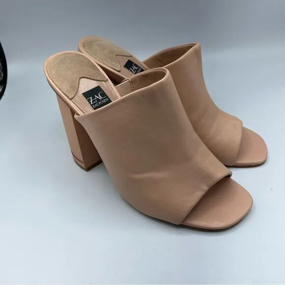 Zac Posen Nude Leather Slip One Mules Chunky Heel Women’s Shoes 9 Peep Toe Y2K