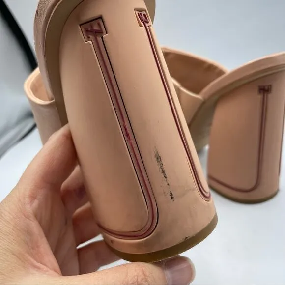 Zac Posen Nude Leather Slip One Mules Chunky Heel Women’s Shoes 9 Peep Toe Y2K