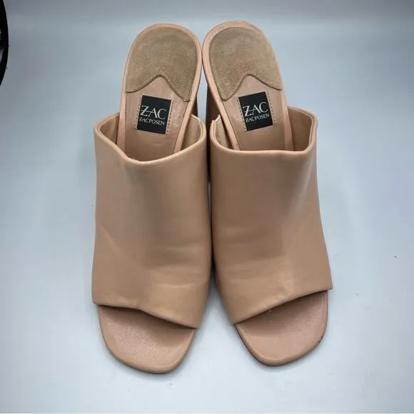 Zac Posen Nude Leather Slip One Mules Chunky Heel Women’s Shoes 9 Peep Toe Y2K