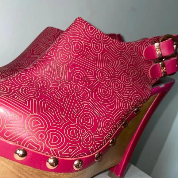 Zandra Rhodes Leather Wooden Stud Wedge Heels