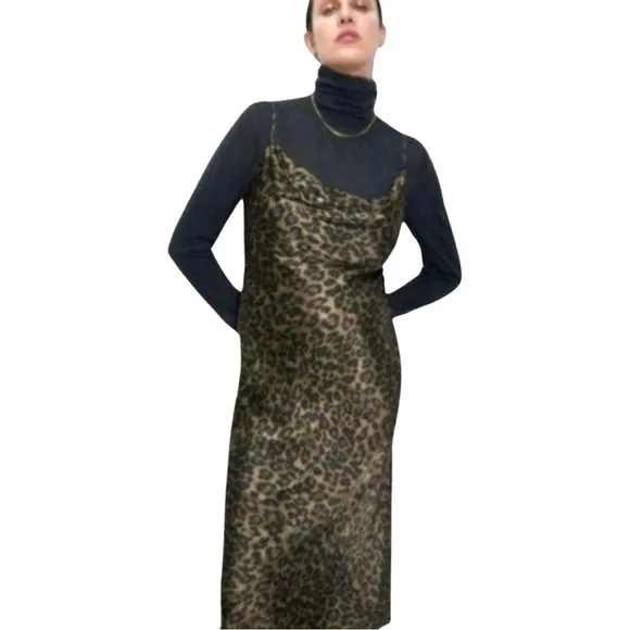 Zara Animal Print Cowl Neck Satin Slip Dress XS