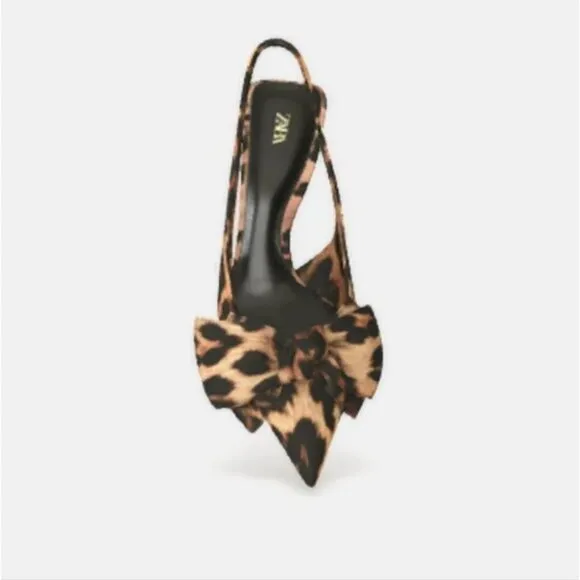 ZARA ANIMAL PRINT STUDDED SLINGBACK HEELS WITH BOW
