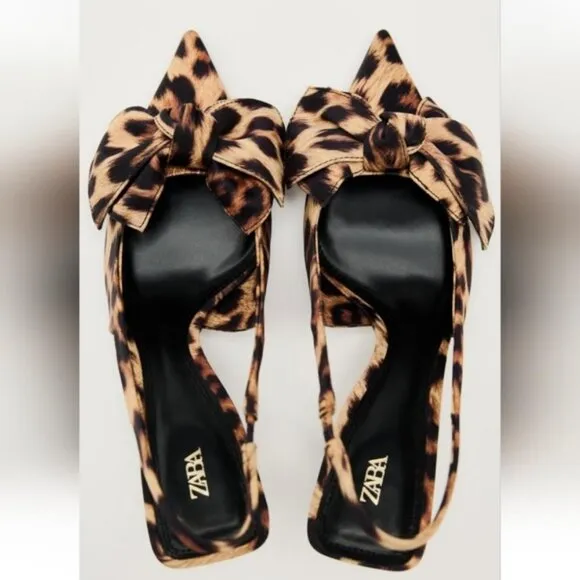 ZARA ANIMAL PRINT STUDDED SLINGBACK HEELS WITH BOW