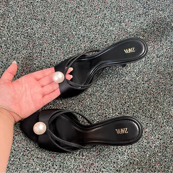 ZARA Black &amp; White Pearl Kitten Heels Stiletto Mules Strappy Sandal Shoes Sz 8
