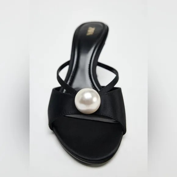 ZARA Black &amp; White Pearl Kitten Heels Stiletto Mules Strappy Sandal Shoes Sz 8