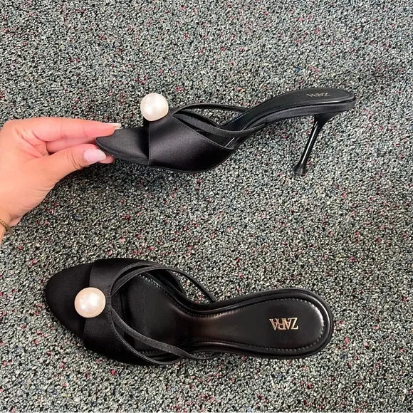 ZARA Black &amp; White Pearl Kitten Heels Stiletto Mules Strappy Sandal Shoes Sz 8