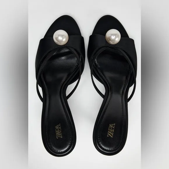 ZARA Black &amp; White Pearl Kitten Heels Stiletto Mules Strappy Sandal Shoes Sz 8