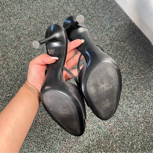 ZARA Black &amp; White Pearl Kitten Heels Stiletto Mules Strappy Sandal Shoes Sz 8