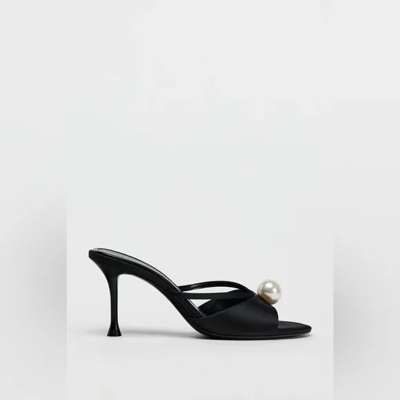 ZARA Black &amp; White Pearl Kitten Heels Stiletto Mules Strappy Sandal Shoes Sz 8