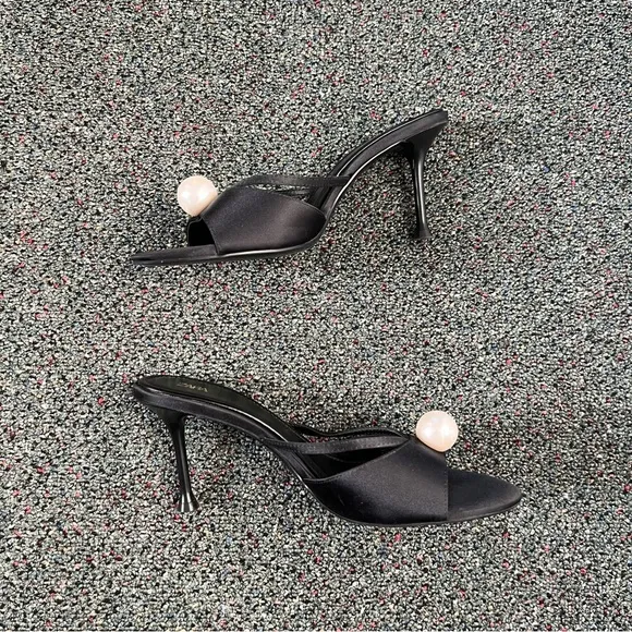 ZARA Black &amp; White Pearl Kitten Heels Stiletto Mules Strappy Sandal Shoes Sz 8