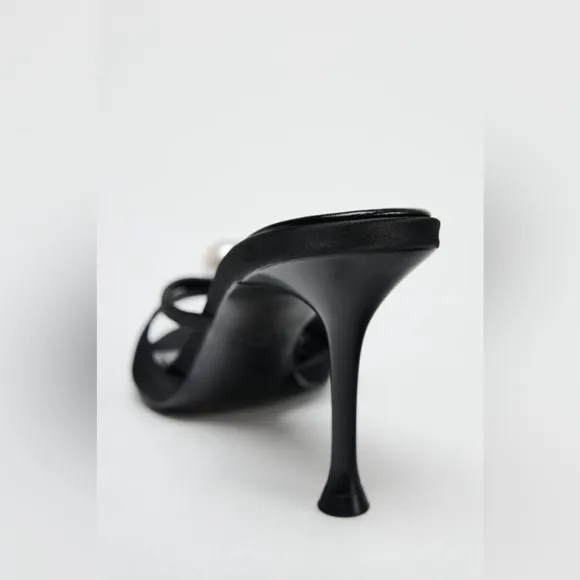 ZARA Black &amp; White Pearl Kitten Heels Stiletto Mules Strappy Sandal Shoes Sz 8