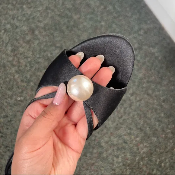 ZARA Black &amp; White Pearl Kitten Heels Stiletto Mules Strappy Sandal Shoes Sz 8