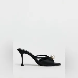 ZARA Black &amp; White Pearl Kitten Heels Stiletto Mules Strappy Sandal Shoes Sz 8