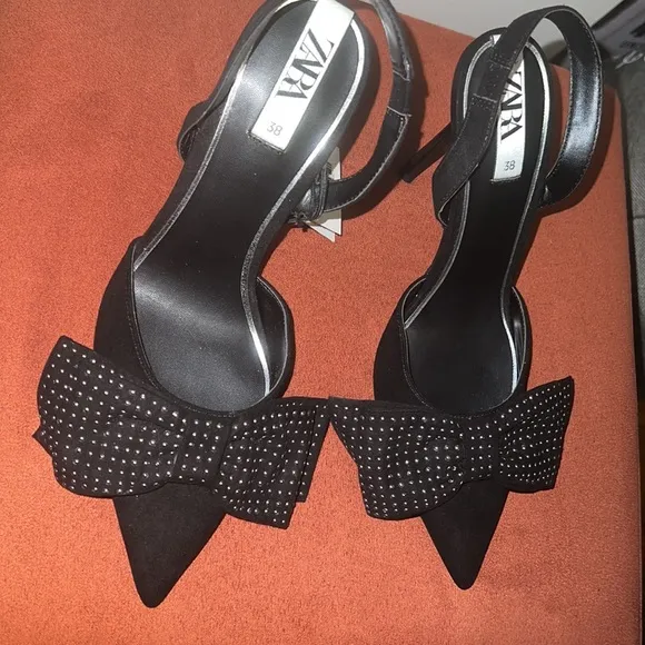 Zara Black Slingback Heels with Studded Bow - Size 38 -NWT