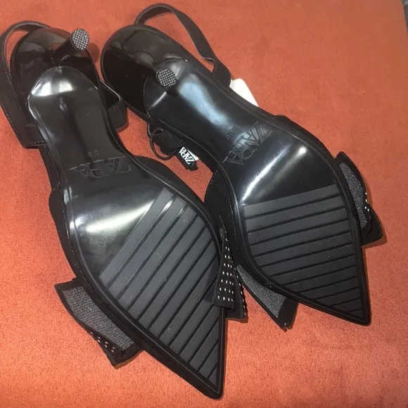 Zara Black Slingback Heels with Studded Bow - Size 38 -NWT