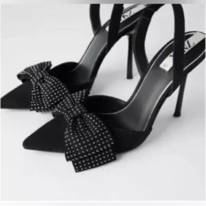 Zara Black Slingback Heels with Studded Bow - Size 38 -NWT