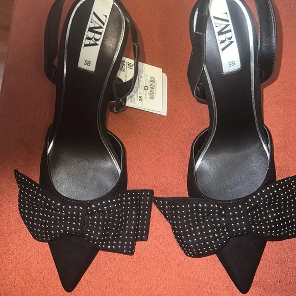 Zara Black Slingback Heels with Studded Bow - Size 38 -NWT