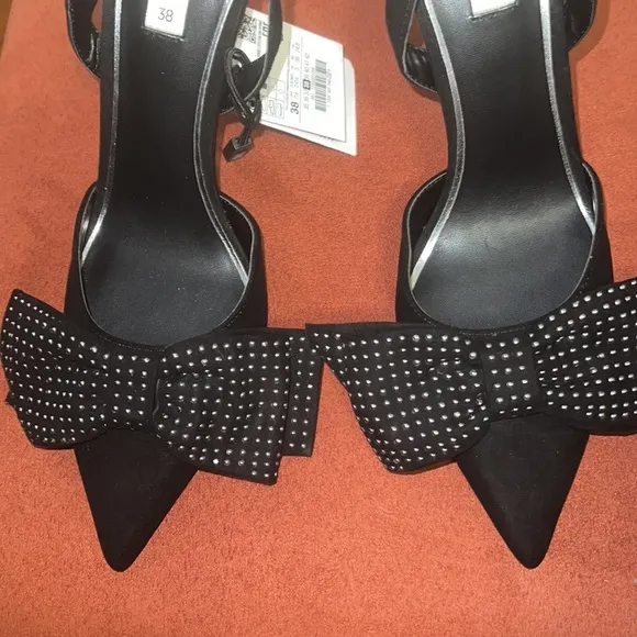 Zara Black Slingback Heels with Studded Bow - Size 38 -NWT