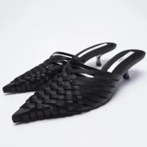 Zara Black Woven Kitten Heels Mules