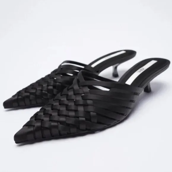 Zara Black Woven Kitten Heels Mules