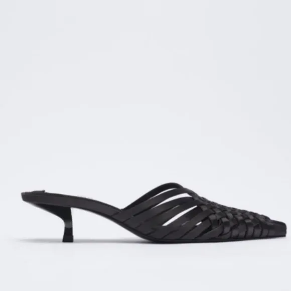 Zara Black Woven Kitten Heels Mules