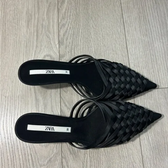 Zara Black Woven Kitten Heels Mules