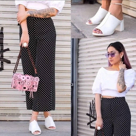 ZARA Block Heel Mules Chunky Heels White Leather Slip-on Mules