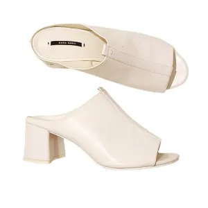 ZARA Block Heel Mules Chunky Heels White Leather Slip-on Mules