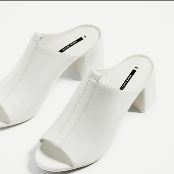 ZARA Block Heel Mules Chunky Heels White Leather Slip-on Mules