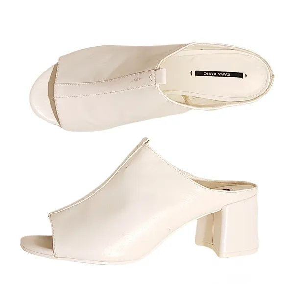 ZARA Block Heel Mules Chunky Heels White Leather Slip-on Mules