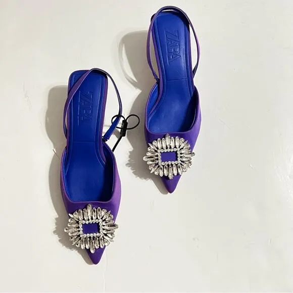 Zara Blue SHIMMERY MID-HEEL SLINGBACK SHOES Size 5