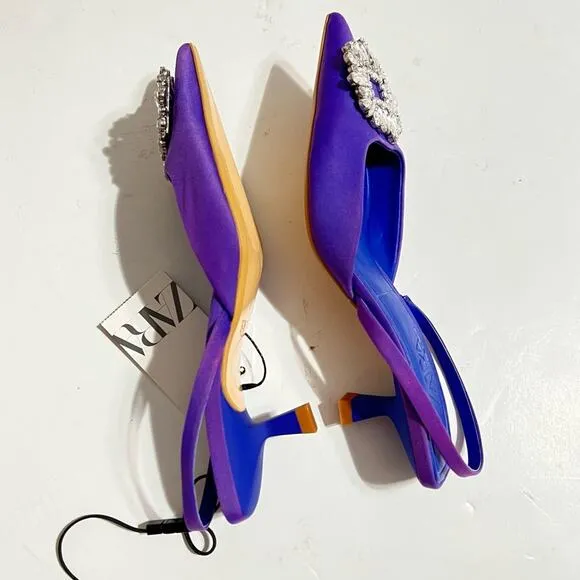 Zara Blue SHIMMERY MID-HEEL SLINGBACK SHOES Size 5