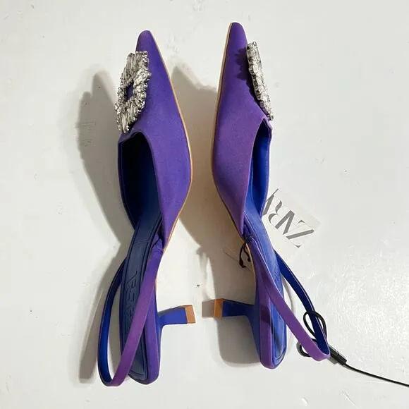 Zara Blue SHIMMERY MID-HEEL SLINGBACK SHOES Size 5